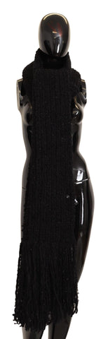 Black Virgin Wool knitted wrap shawl scarf by Dolce & Gabbana displayed flat with textured knit pattern.