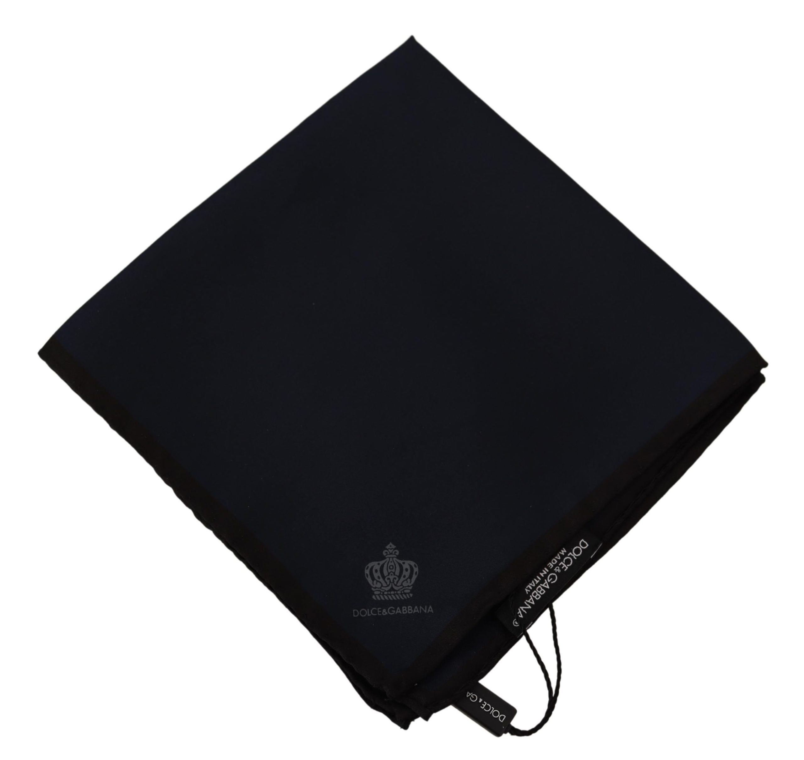 Black square silk handkerchief scarf by Dolce & Gabbana with smooth, shiny fabric and elegant design.