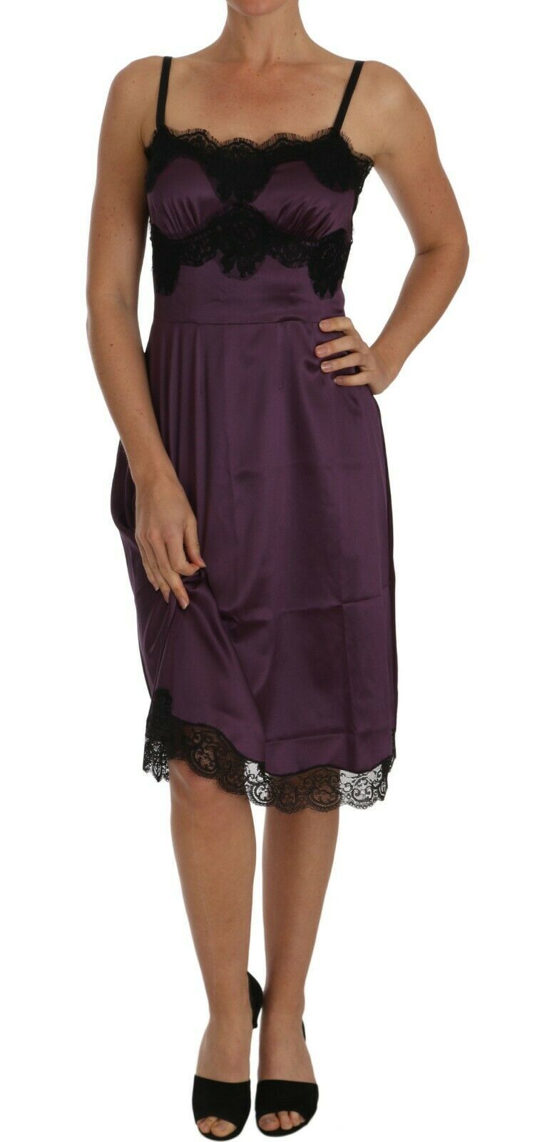 Purple silk stretch black lace A-line dress by Dolce & Gabbana, featuring elegant lace details and a flowing silhouette.