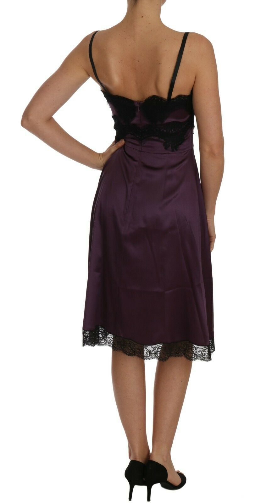 Purple silk stretch black lace A-line dress by Dolce & Gabbana, featuring elegant lace details and a flowing silhouette.