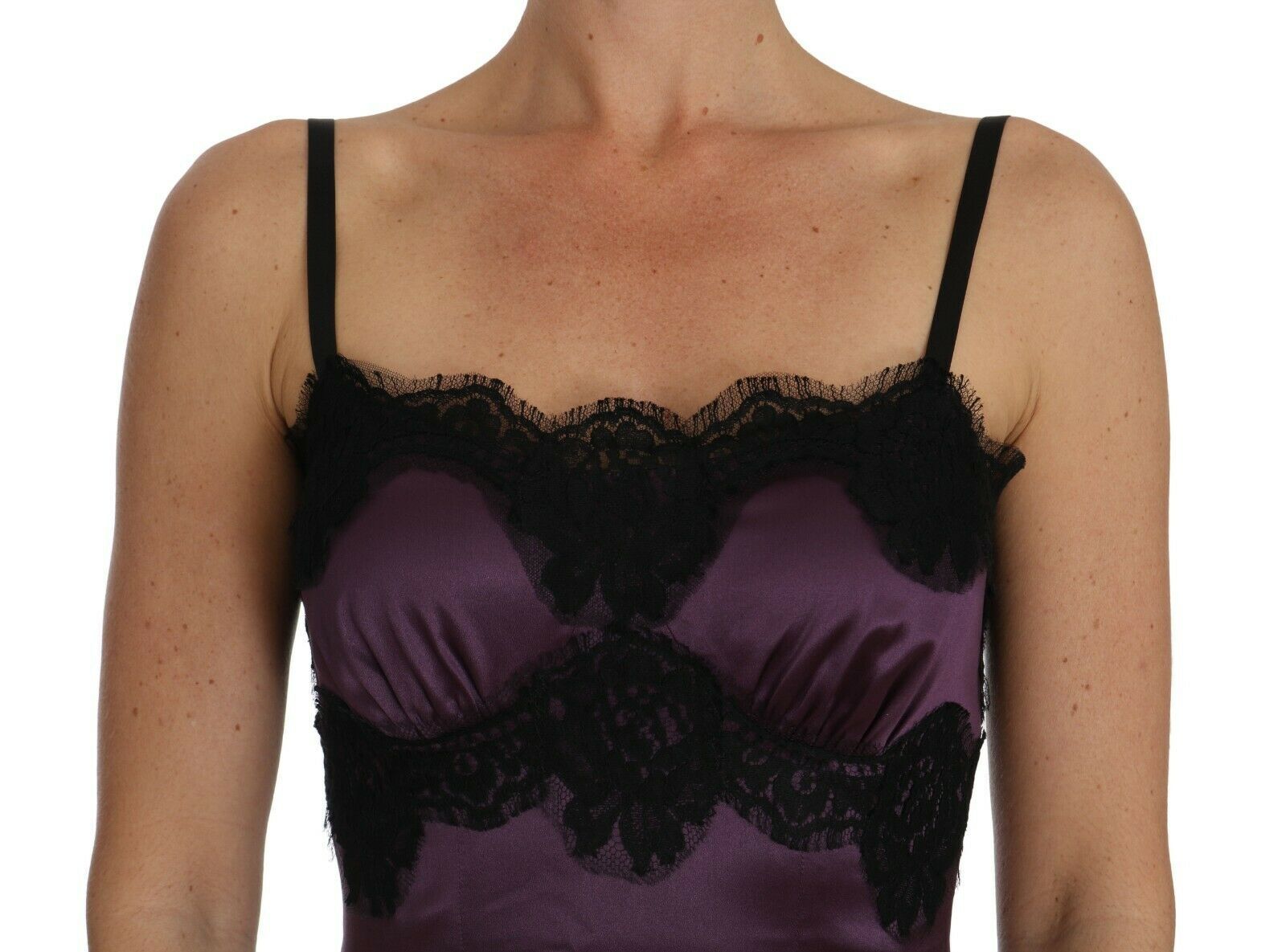 Purple silk stretch black lace A-line dress by Dolce & Gabbana, showing elegant lace details and flowy silhouette.