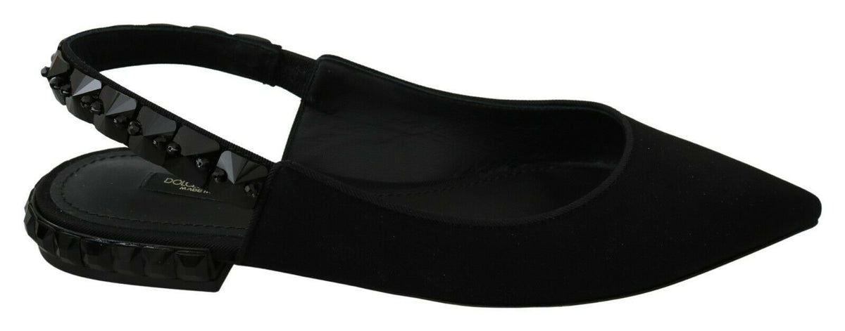 Black Dolce & Gabbana flats slingback shoes made of charmeuse fabric with a sleek, elegant design and pointed toe.