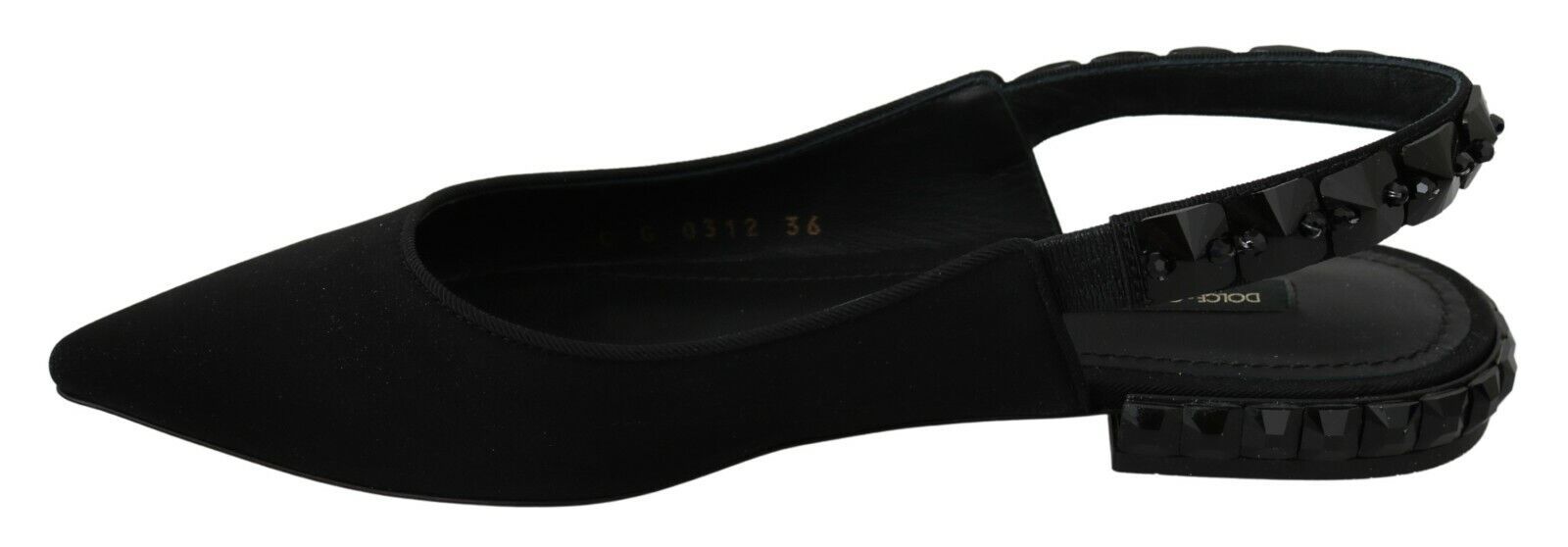 Black Dolce & Gabbana slingback flats with charmeuse fabric, featuring a sleek, elegant design and pointed toe for stylish comfort.