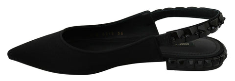Black Dolce & Gabbana slingback flats with charmeuse fabric, featuring a sleek, elegant design and pointed toe for stylish comfort.