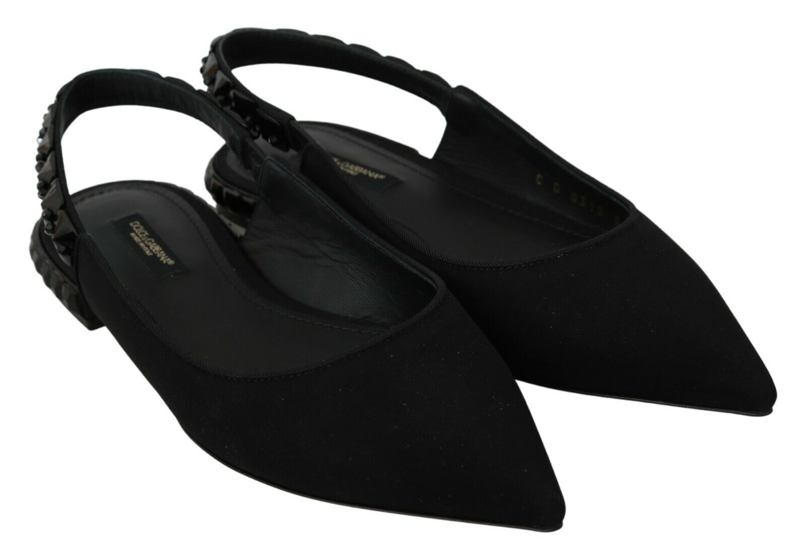 Black Dolce & Gabbana slingback flats made of charmeuse fabric, stylish and elegant footwear with a sleek design.