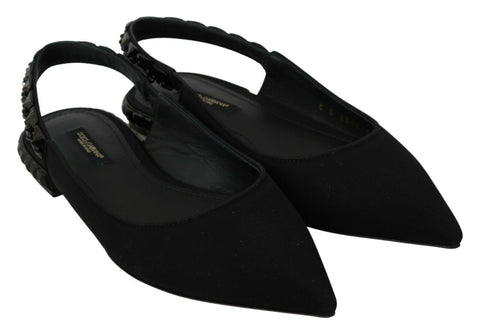 Black Dolce & Gabbana slingback flats made of charmeuse fabric, stylish and elegant footwear with a sleek design.
