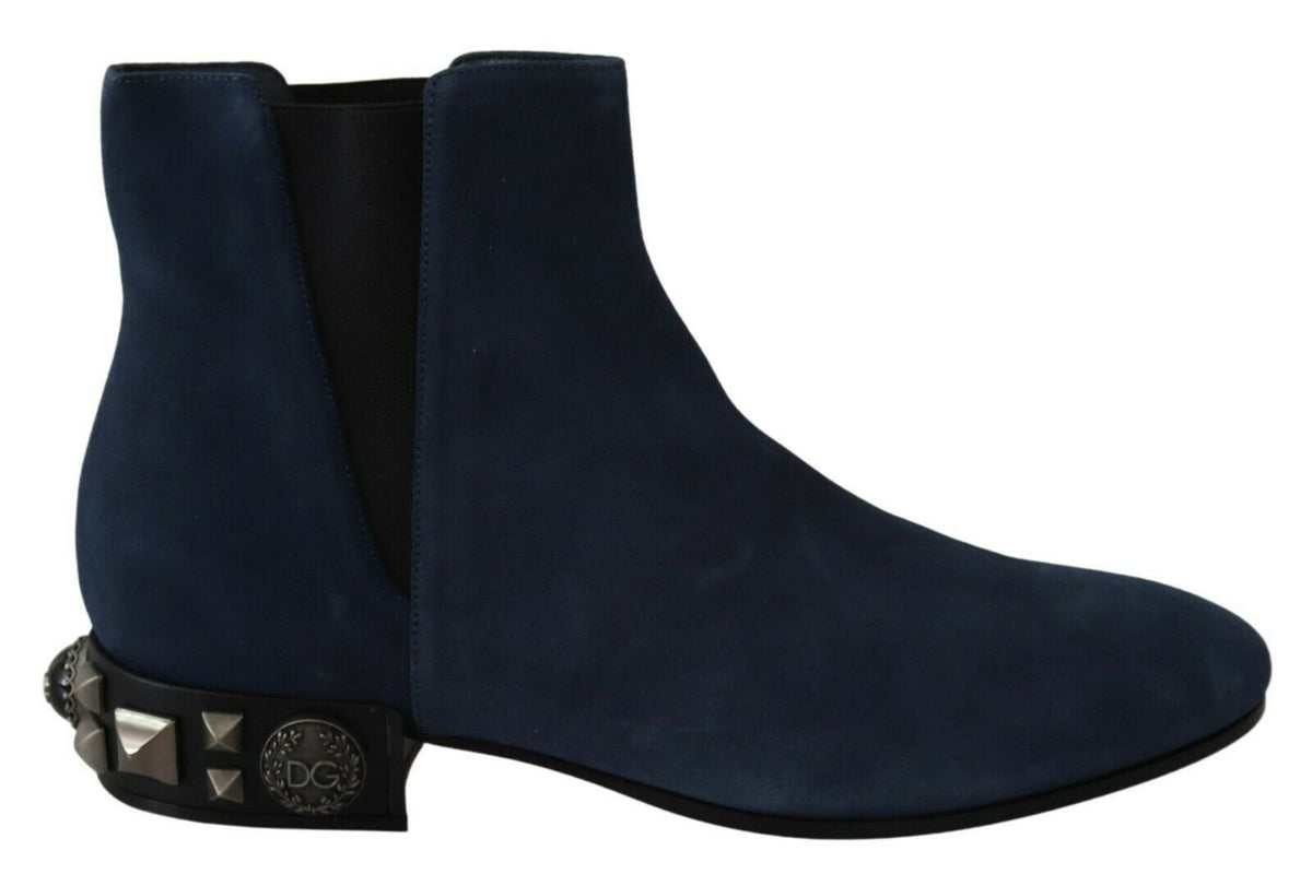Blue suede embellished studded boots by Dolce & Gabbana featuring silver hardware and a pointed toe style.