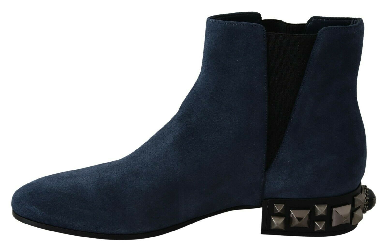 Blue suede studded boots with embellishments, Dolce & Gabbana footwear featuring a stylish, edgy design.