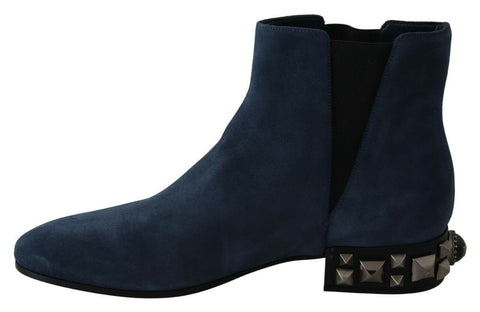 Blue suede studded boots with embellishments, Dolce & Gabbana footwear featuring a stylish, edgy design.