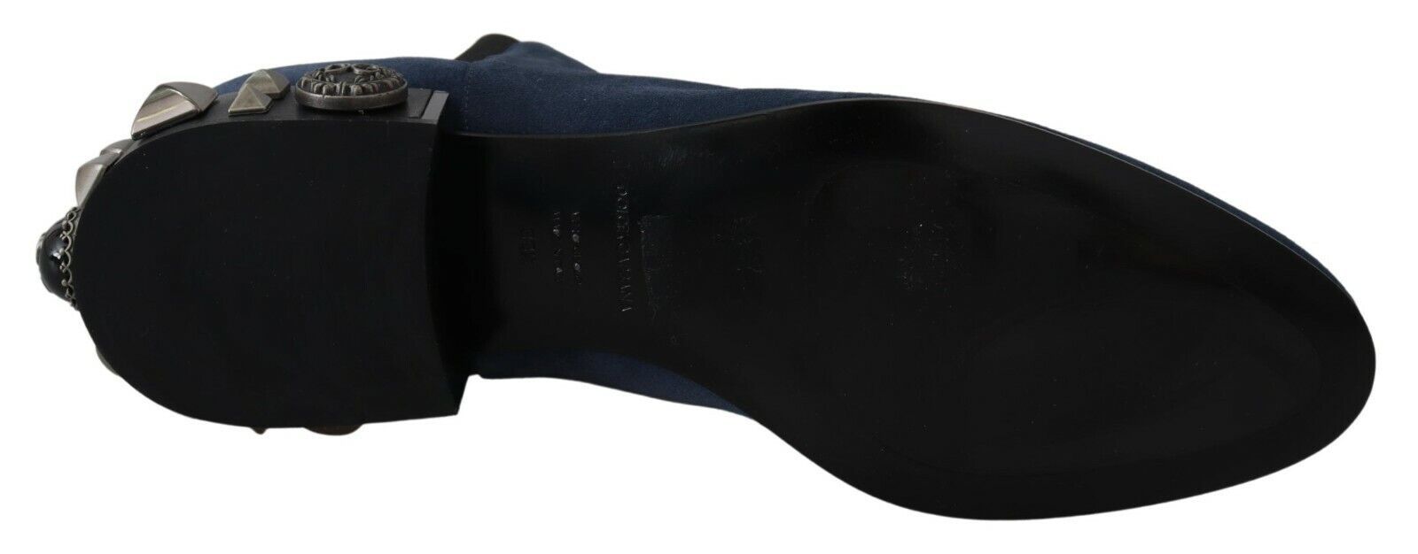 Blue suede studded boots with embellishments from Dolce & Gabbana, featuring a sleek design and decorative metal accents.