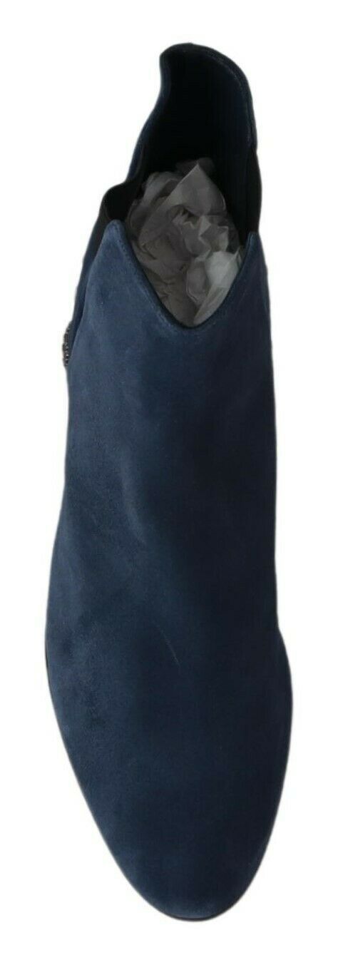 Blue suede Dolce & Gabbana studded boots with embellishments, featuring a stylish and edgy design.
