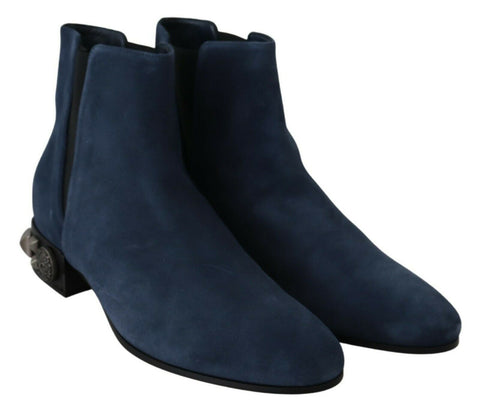 Blue suede studded boots with embellishments by Dolce & Gabbana, featuring a stylish and edgy design.