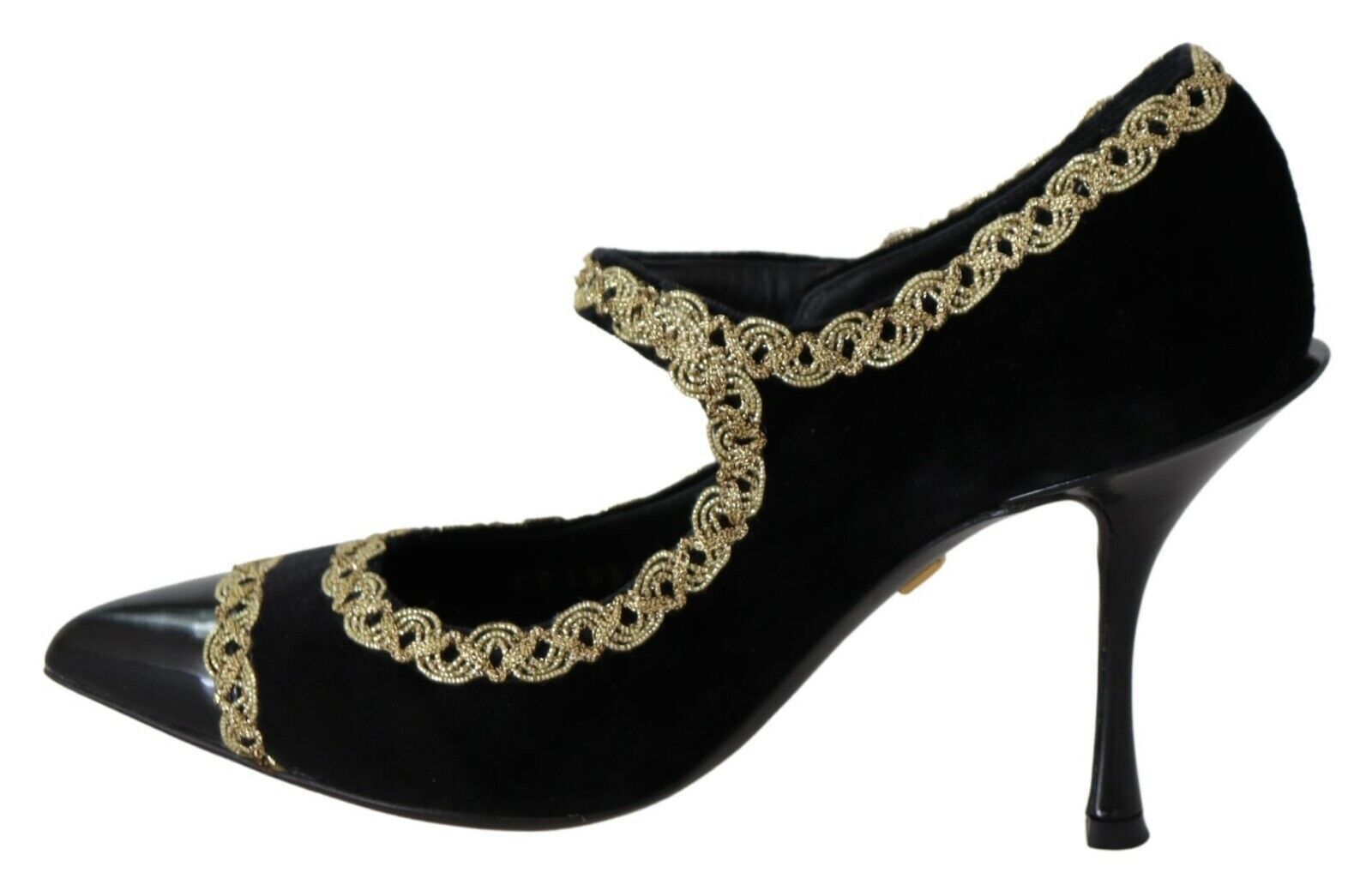 Black embellished velvet Mary Jane pumps shoes by Dolce & Gabbana featuring decorative details and classic strap design.