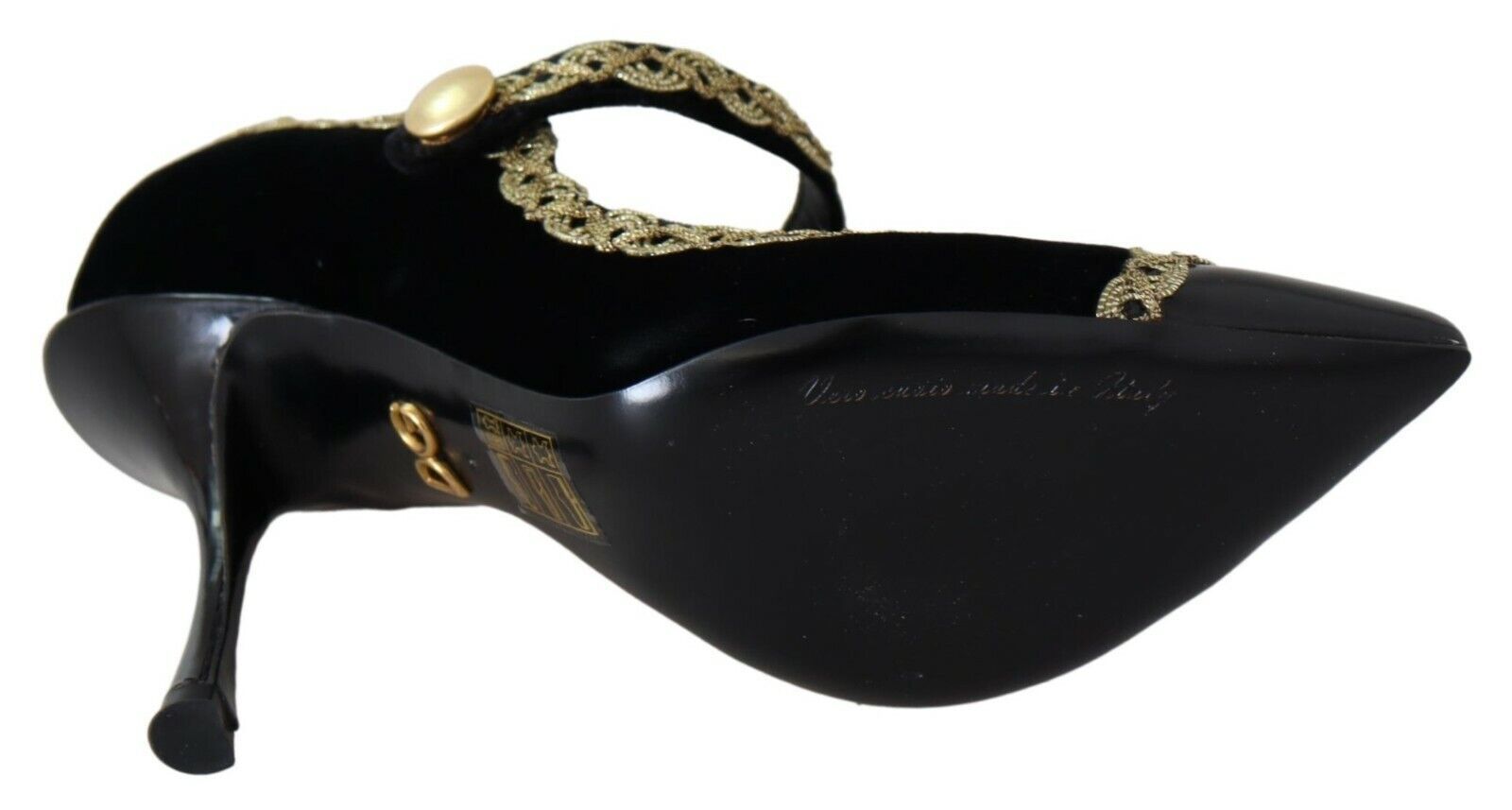 Black embellished velvet Mary Jane pumps shoes by Dolce & Gabbana with decorative details and classic strap design.