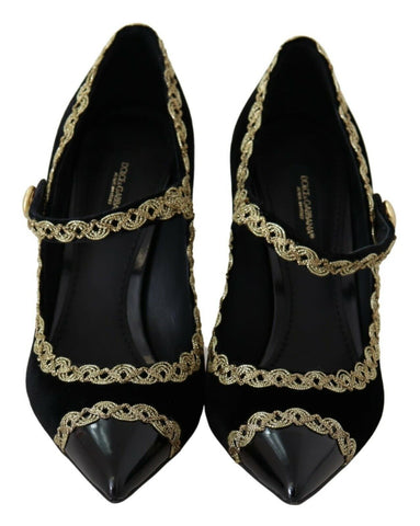 Black embellished velvet Mary Jane pumps shoes by Dolce & Gabbana with decorative details and classic strap, stylish and elegant.