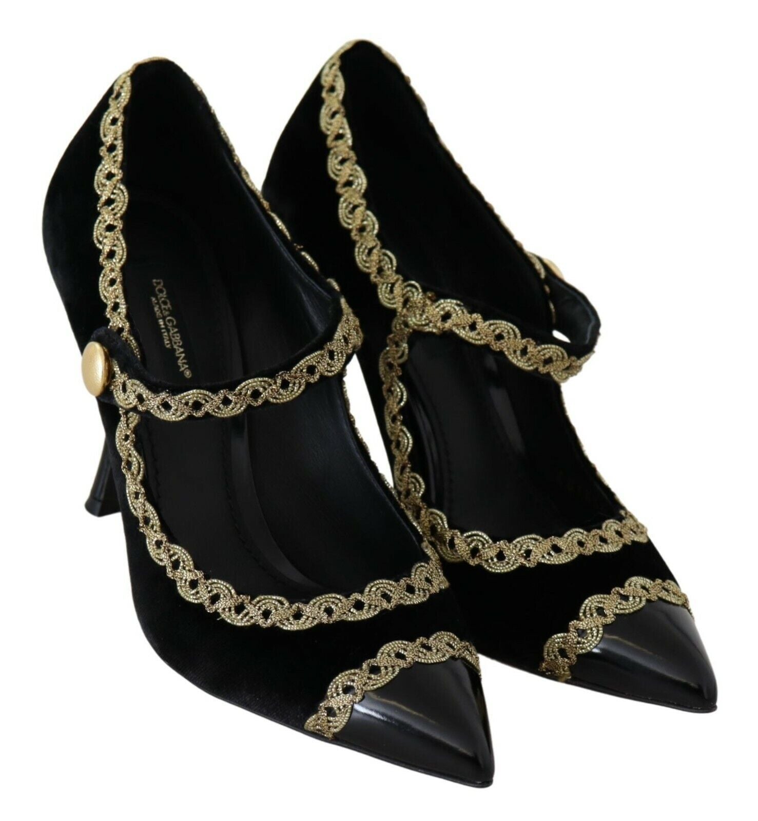 Black velvet Mary Jane pumps with embellished details by Dolce & Gabbana, featuring a classic strap and elegant design.