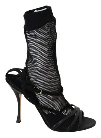 Black suede short boots sandals shoes by Dolce & Gabbana, featuring a stylish open-toe design and chunky heel.