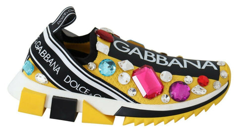 Dolce & Gabbana yellow multicolor crystal sneakers with vibrant design, featuring shiny crystal embellishments and comfortable sneaker style.