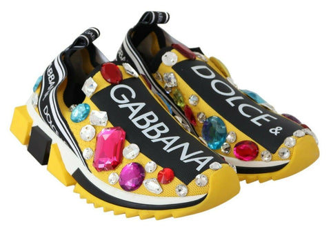 Dolce & Gabbana yellow multicolor crystal sneakers shoes with vibrant gemstone embellishments and stylish design.