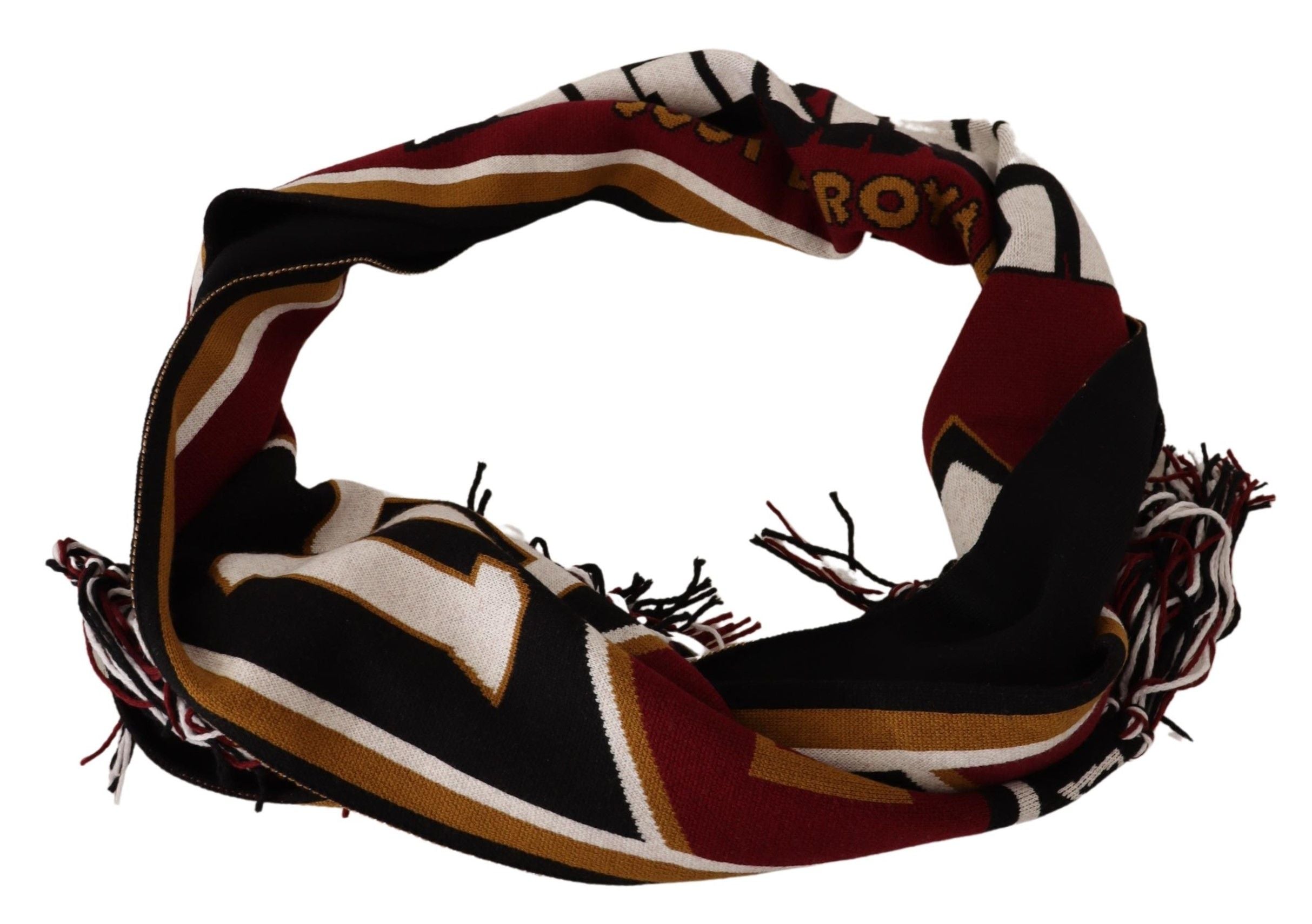 Multicolor wool knit DG King shawl wrap scarf by Dolce & Gabbana, featuring vibrant patterns and cozy textured fabric.
