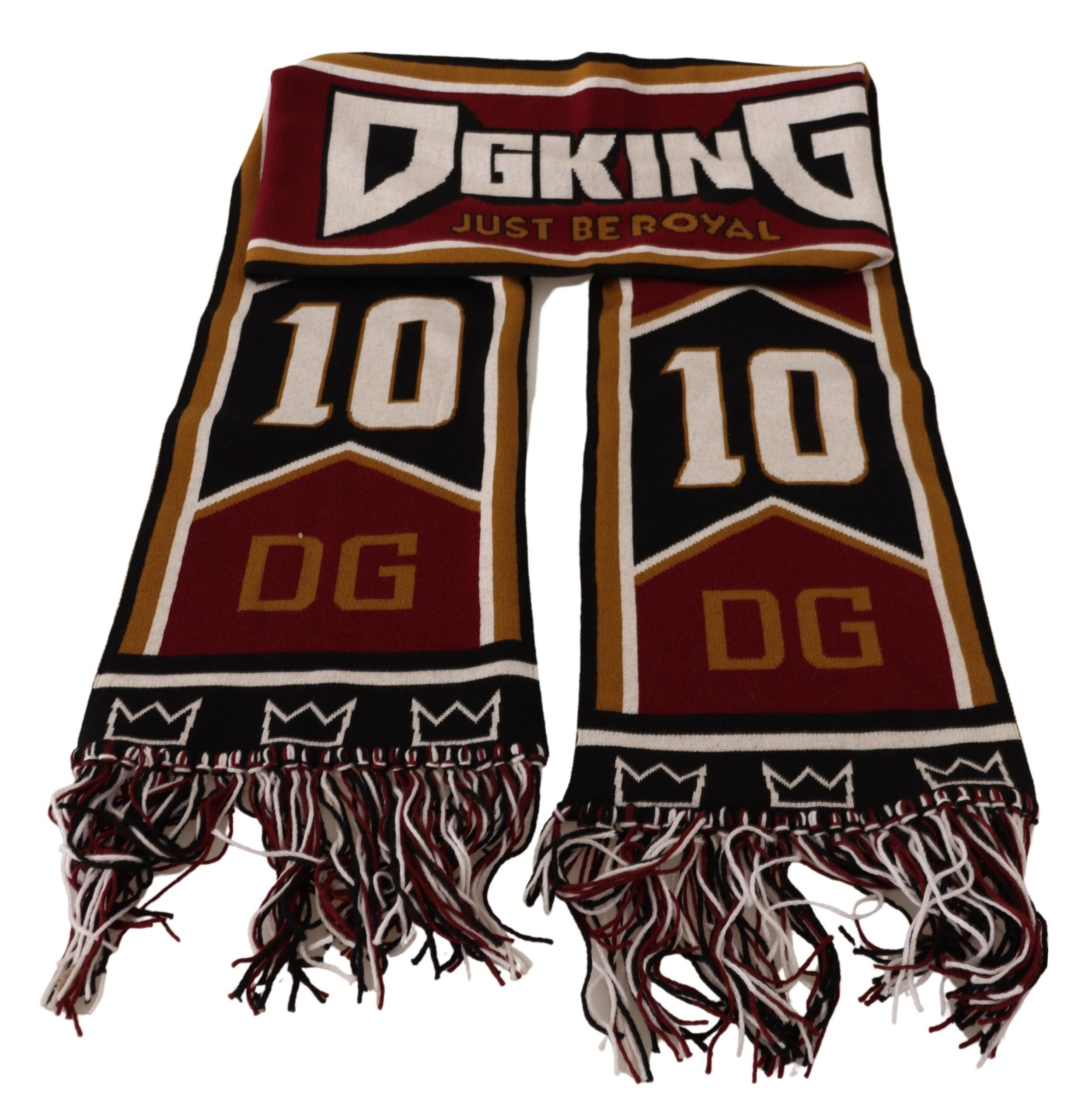 Multicolor wool knit DG King shawl wrap scarf with intricate patterns and soft texture, designed by Dolce & Gabbana.