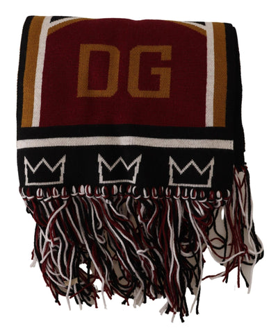 Multicolor wool knit DG King shawl wrap scarf featuring vibrant patterns and soft texture, designed by Dolce & Gabbana.