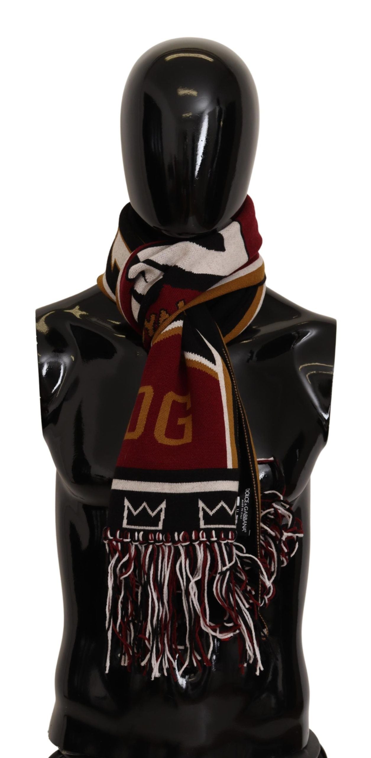 Multicolor wool knit DG King shawl wrap scarf featuring vibrant patterns and soft texture, designed by Dolce & Gabbana.