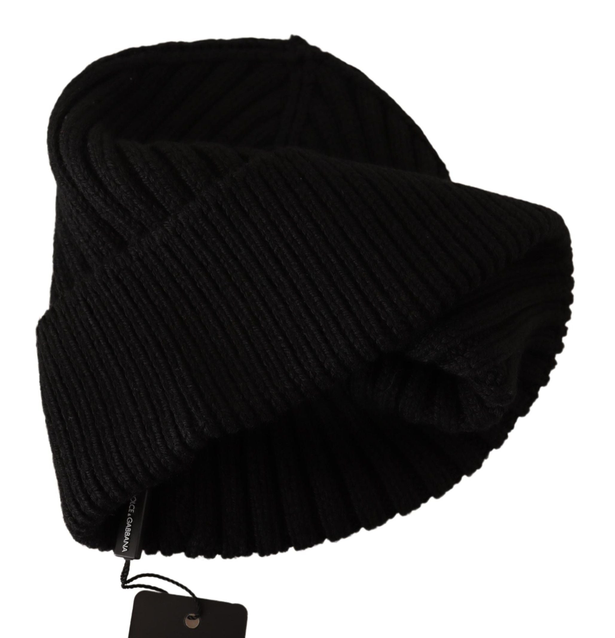 Black wool knit winter hat for women by Dolce & Gabbana, featuring a cozy, stylish design for cold weather.