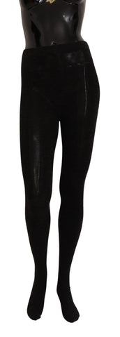 Black wool stretch tights stocking socks by Dolce & Gabbana, close-up view showing fabric texture and fit details.