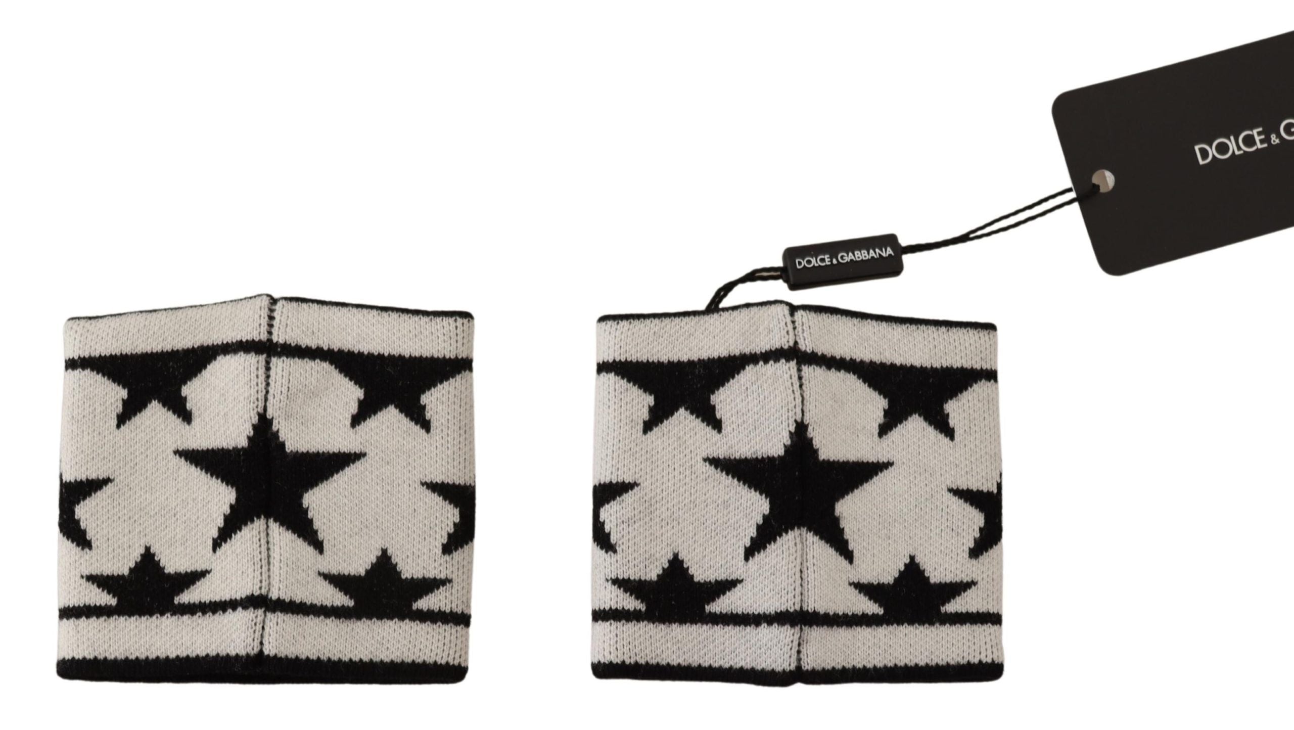 White and black wool wristband with Dolce & Gabbana logo, stylish accessory for fashion-forward looks.