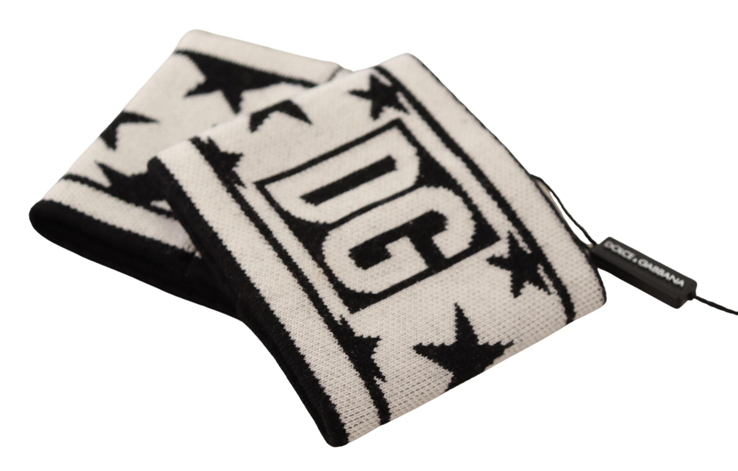 White and black wool Dolce & Gabbana logo wristband with DGMILLENNIALS branding, showcasing a stylish accessory.