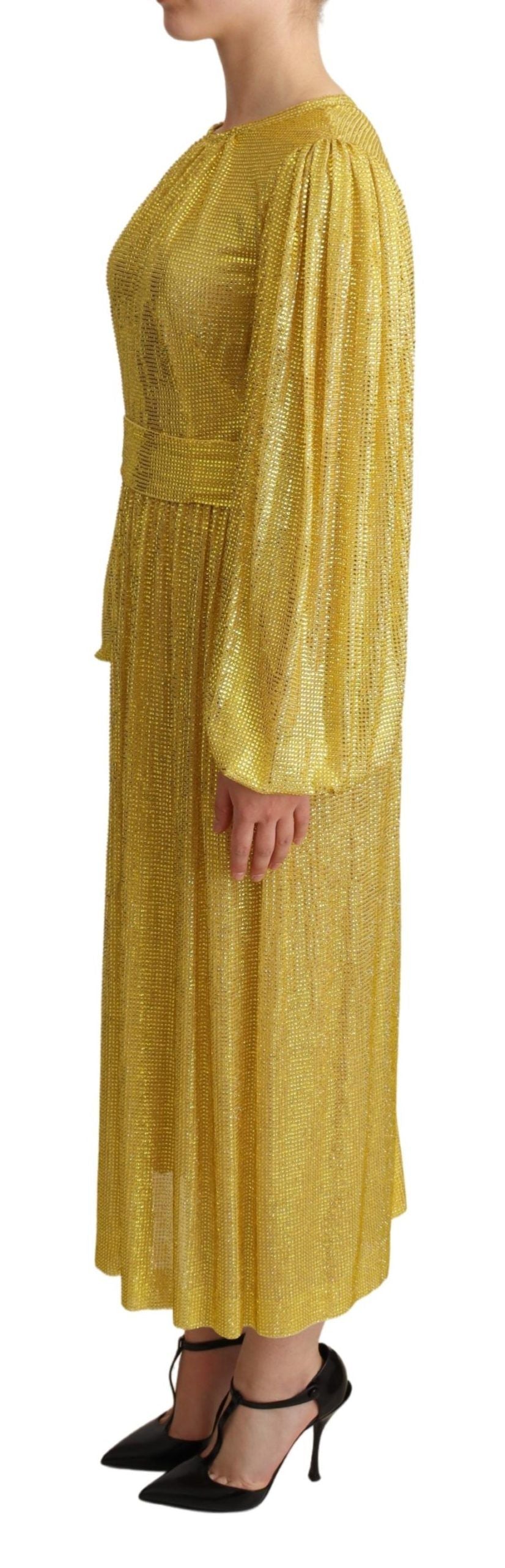 Yellow crystal mesh pleated maxi dress by Dolce & Gabbana, featuring flowing fabric and intricate crystal details.