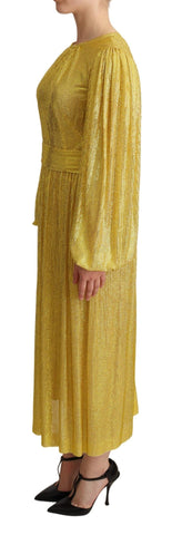 Yellow crystal mesh pleated maxi dress by Dolce & Gabbana, featuring flowing fabric and intricate crystal details.