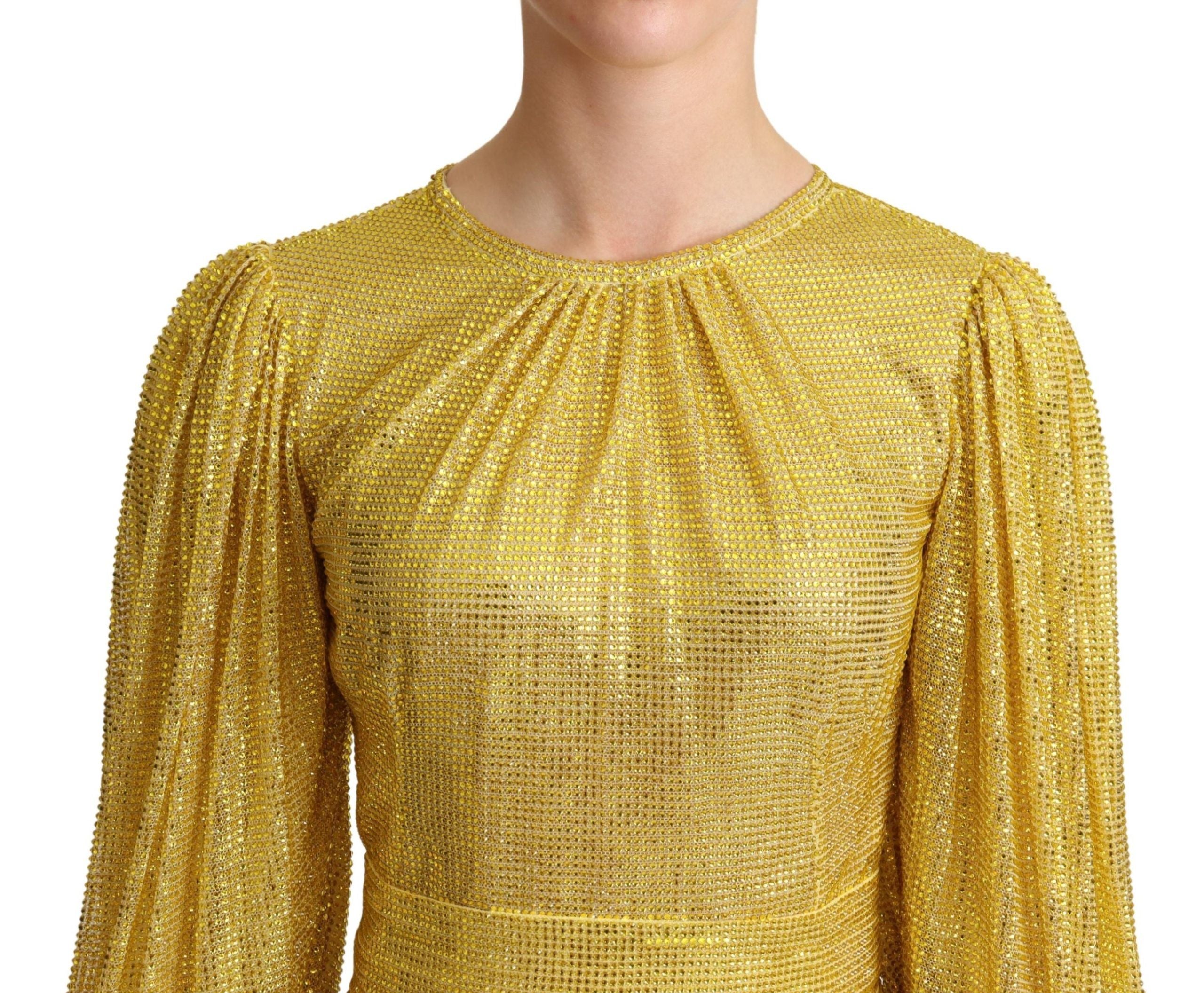 Yellow crystal mesh pleated maxi dress by Dolce & Gabbana, flowing fabric with shimmering crystal embellishments.