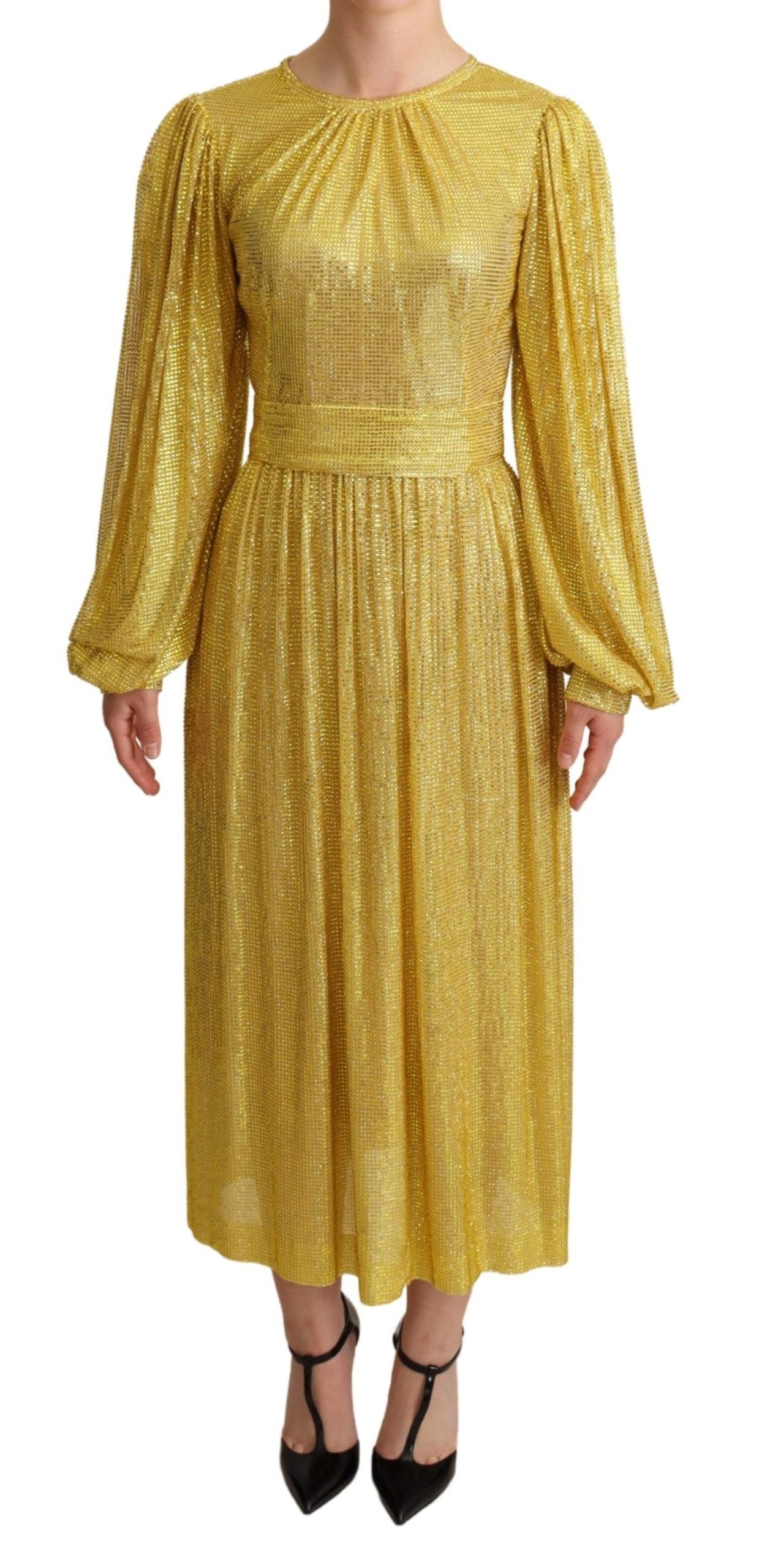 Yellow crystal mesh pleated maxi dress by Dolce & Gabbana, flowing fabric with shimmering crystal details and elegant pleats.