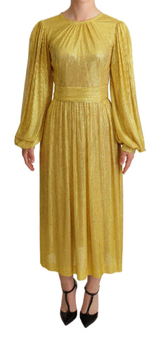 Yellow crystal mesh pleated maxi dress by Dolce & Gabbana, flowing fabric with shimmering crystal details and elegant pleats.