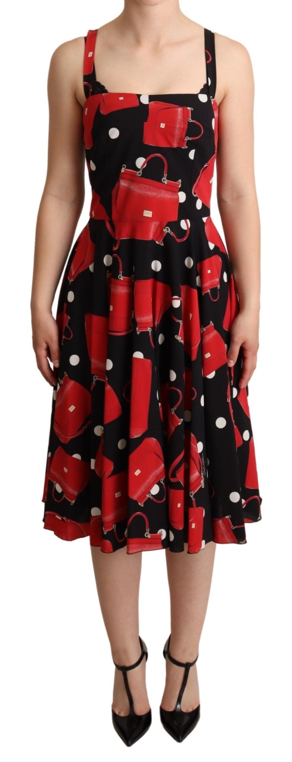 Black and red bag print A-line mid-length dress by Dolce & Gabbana featuring bold pattern and elegant silhouette.