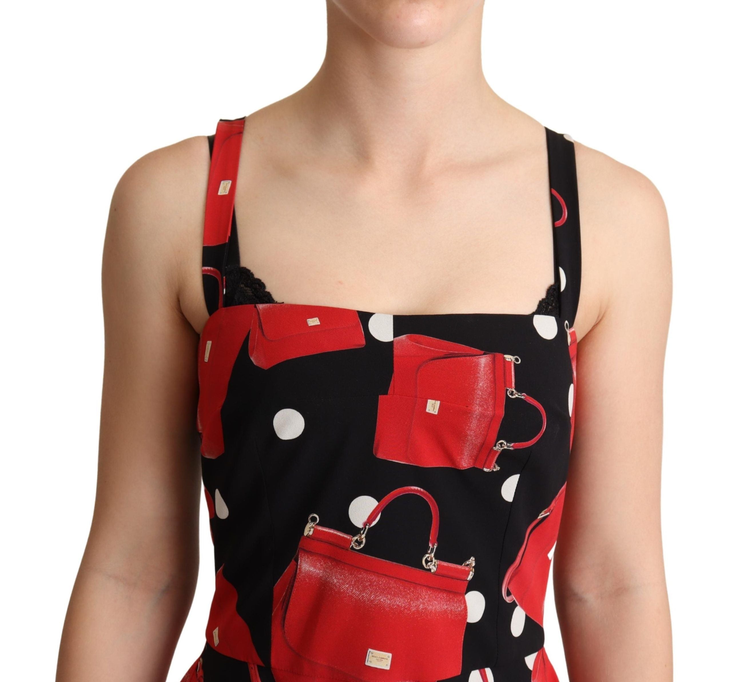 Black and red bag print Dolce & Gabbana A-line mid-length dress displayed on a mannequin.