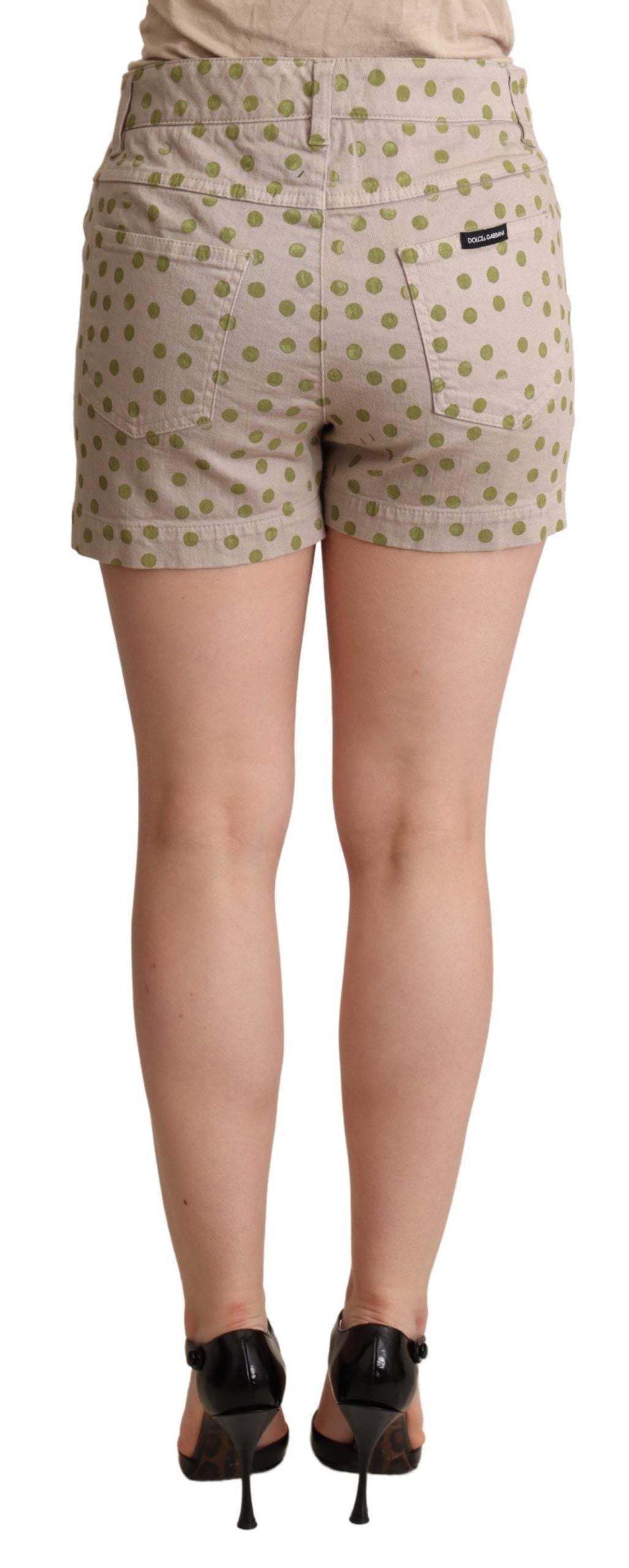 Beige polka dots denim cotton stretch shorts by Dolce & Gabbana, featuring a casual fit and stylish pattern.