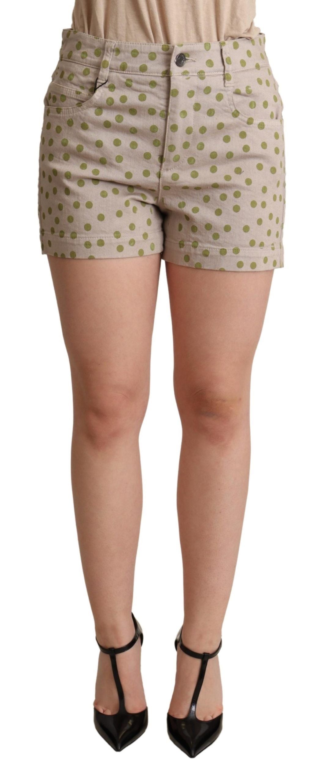 Beige polka dots denim cotton stretch shorts from Dolce & Gabbana, featuring a casual fit and classic design.