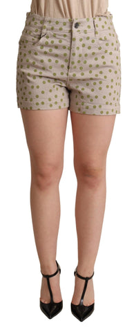 Beige polka dots denim cotton stretch shorts from Dolce & Gabbana, featuring a casual fit and classic design.