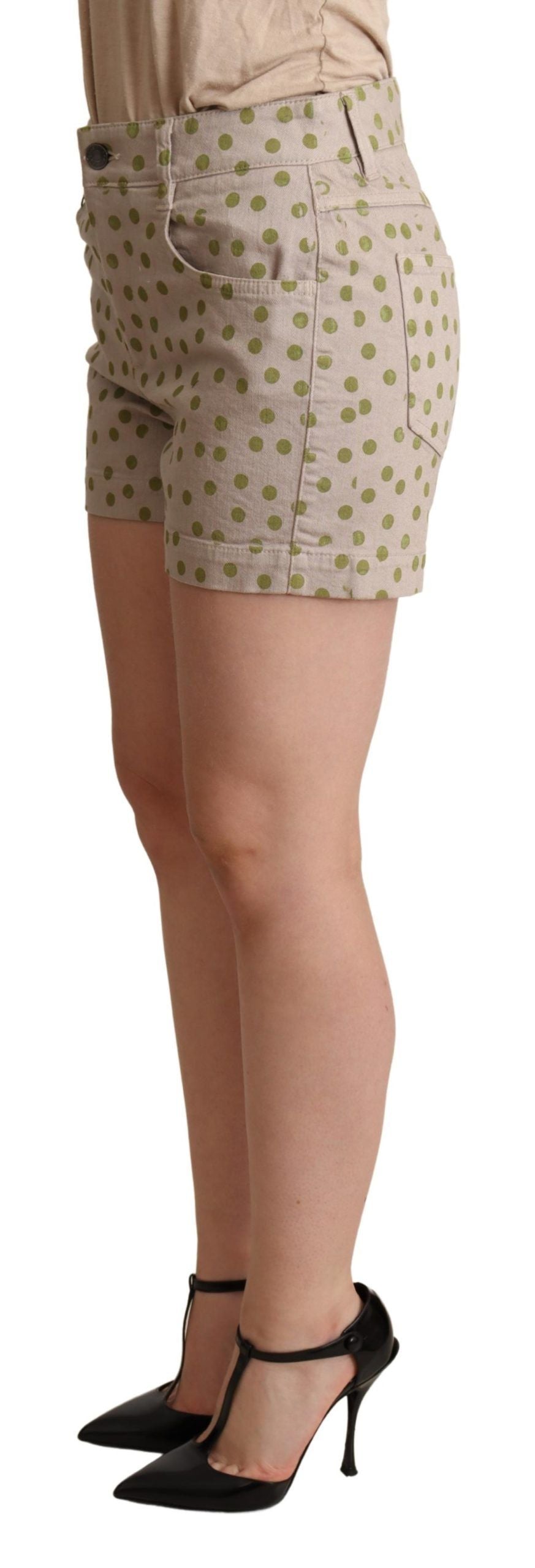 Beige polka dot denim cotton stretch shorts by Dolce & Gabbana, featuring a casual fit and classic polka dot pattern.