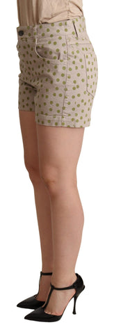Beige polka dot denim cotton stretch shorts by Dolce & Gabbana, featuring a casual fit and classic polka dot pattern.