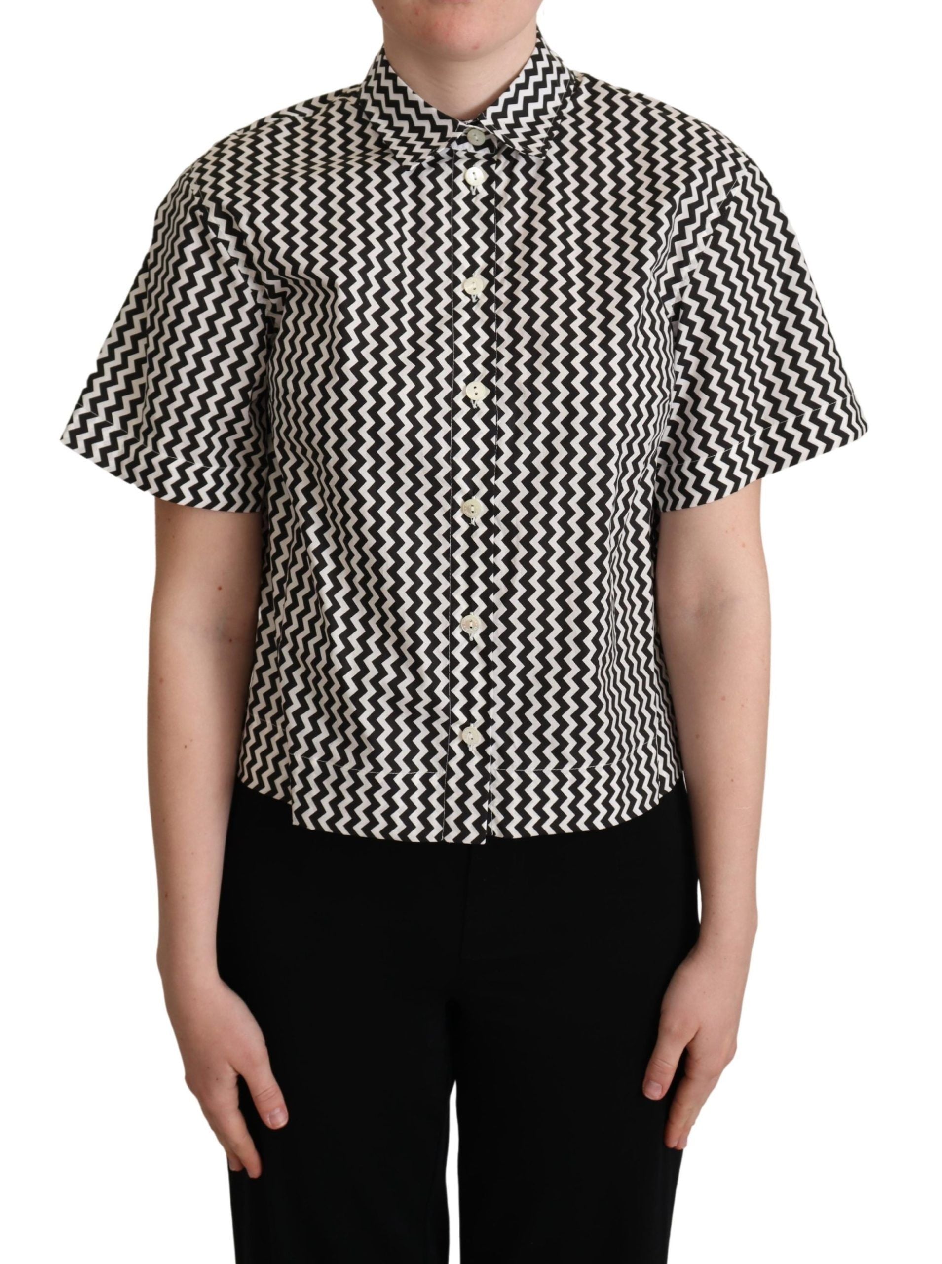 Black and white zigzag collar cotton top shirt by Dolce & Gabbana showing a stylish button-up design with a pointed collar.