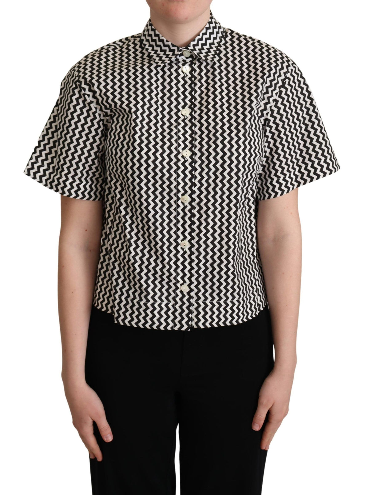 Black and white zigzag collar cotton top shirt by Dolce & Gabbana showing a stylish button-up design with a pointed collar.