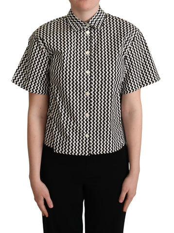 Black and white zigzag collar cotton top shirt by Dolce & Gabbana showing a stylish button-up design with a pointed collar.