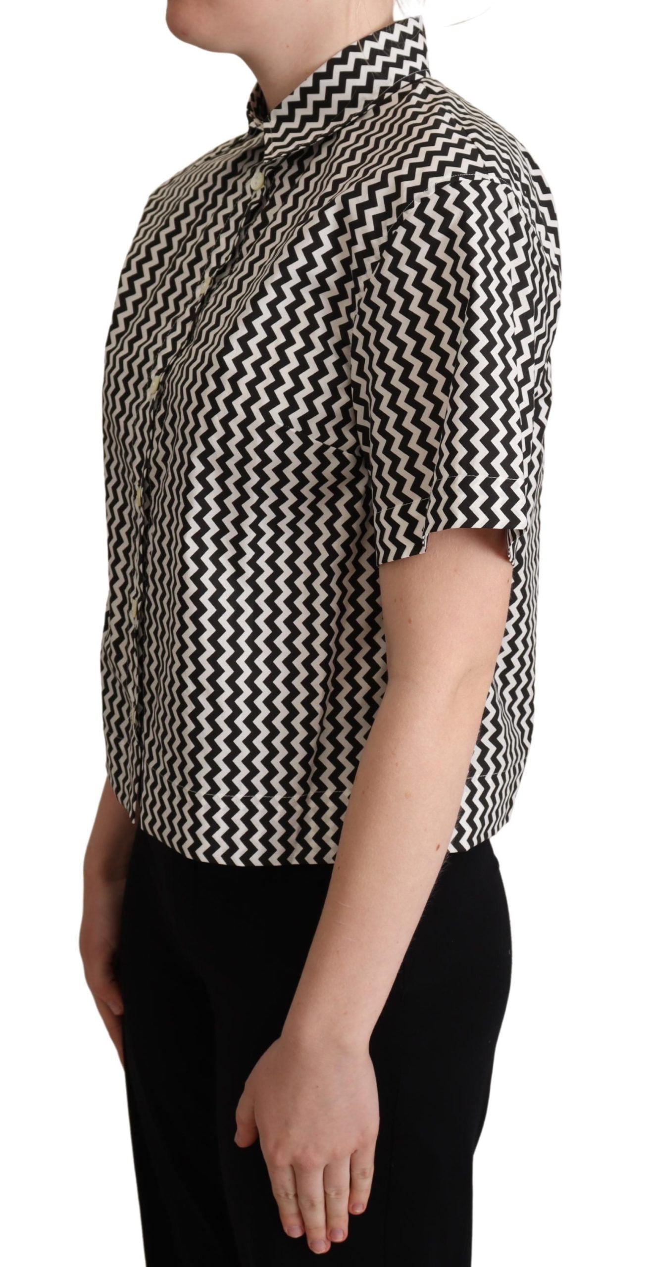 Dolce & Gabbana black and white zigzag collar cotton top shirt with long sleeves and button closure.