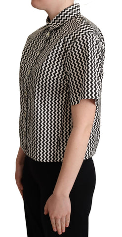 Dolce & Gabbana black and white zigzag collar cotton top shirt with long sleeves and button closure.
