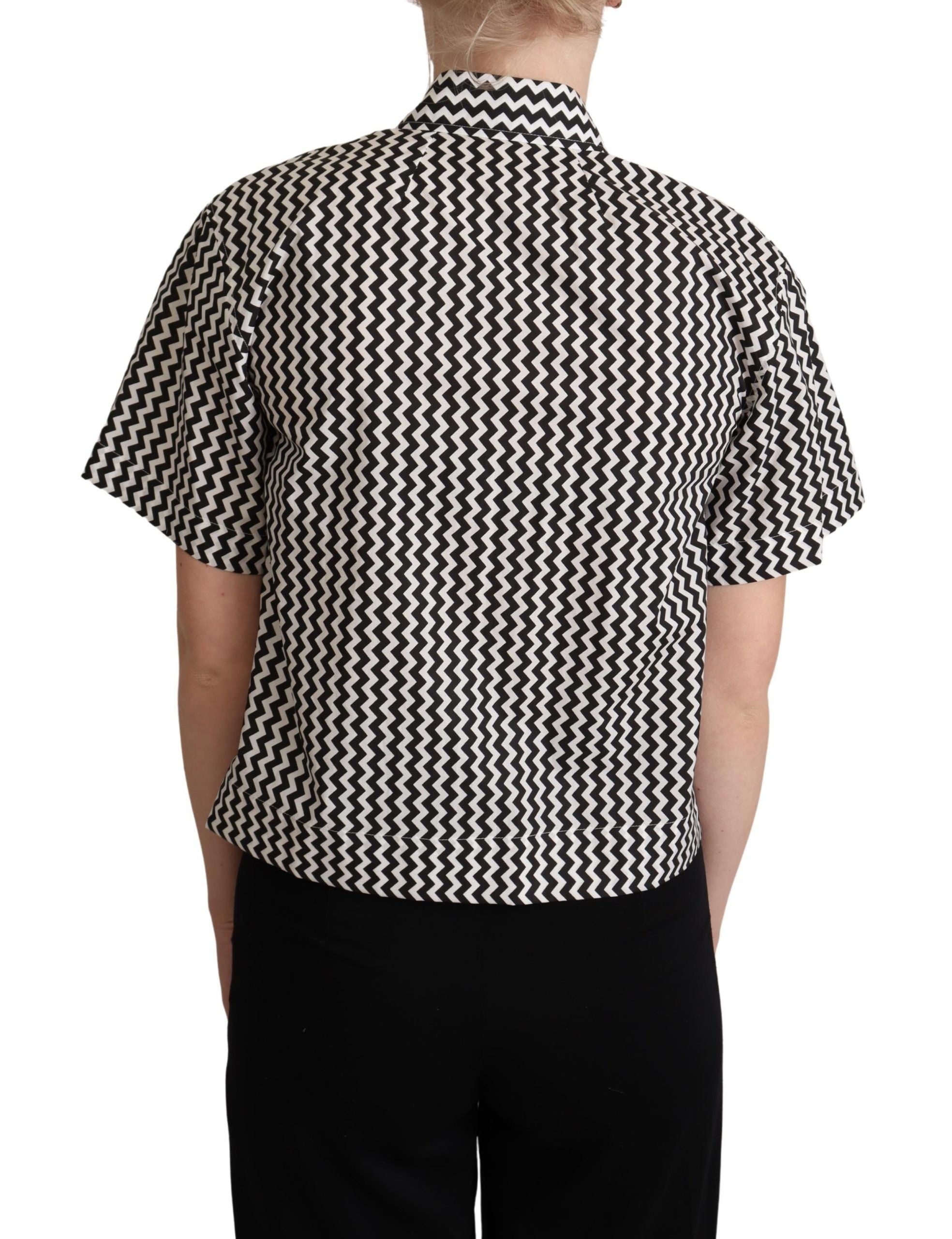 Black and white zigzag cotton top shirt with collar from Dolce & Gabbana, featuring a stylish, modern design.