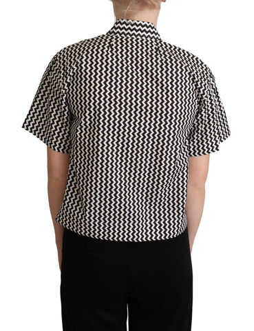 Black and white zigzag cotton top shirt with collar from Dolce & Gabbana, featuring a stylish, modern design.